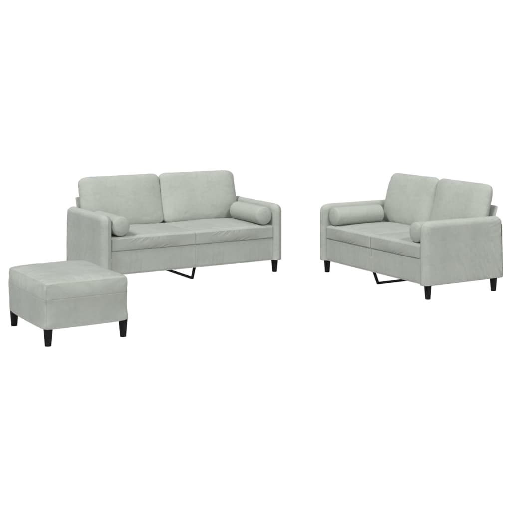 vidaXL Set de canapele, 3 piese, cu perne, gri deschis, catifea vidaXL Set de canapele, 3 piese, cu perne, gri deschis, catifea