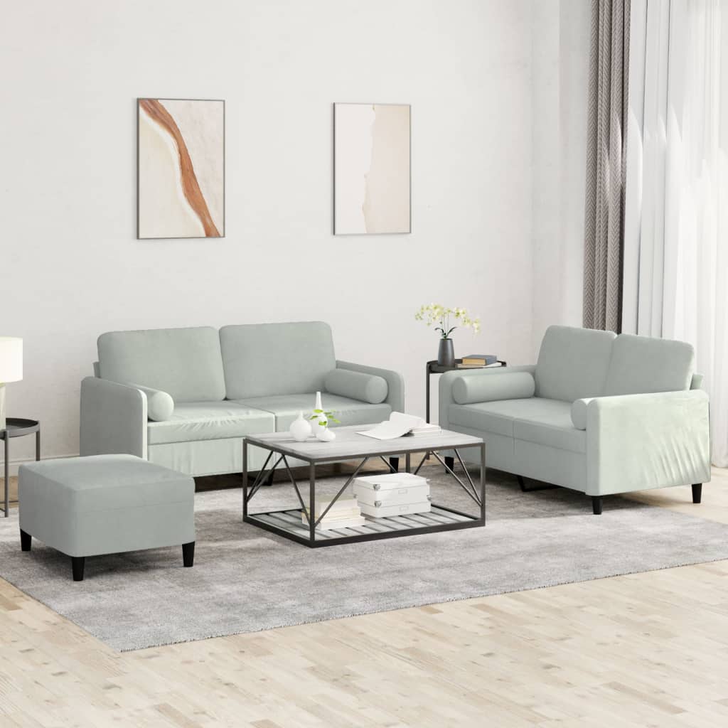 vidaXL Set de canapele, 3 piese, cu perne, gri deschis, catifea vidaXL Set de canapele, 3 piese, cu perne, gri deschis, catifea
