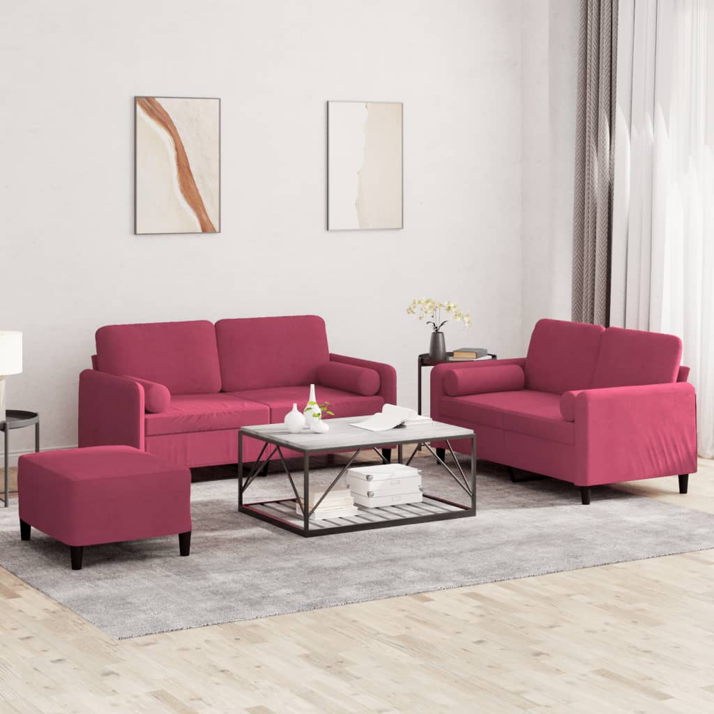 vidaXL Set canapele cu perne, 3 piese, roșu vin, catifea vidaXL Set canapele cu perne, 3 piese, roșu vin, catifea