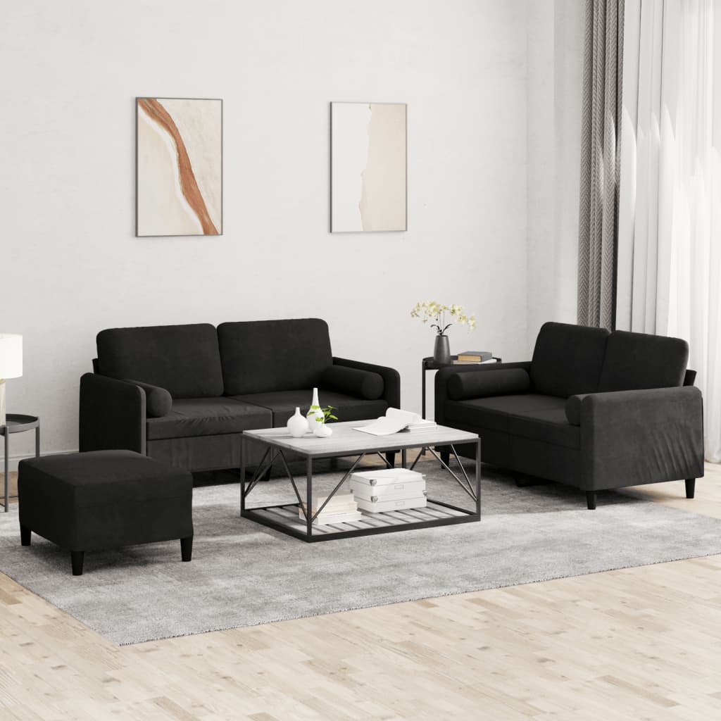 vidaXL Set de canapele cu perne, 3 piese, negru, catifea vidaXL Set de canapele cu perne, 3 piese, negru, catifea
