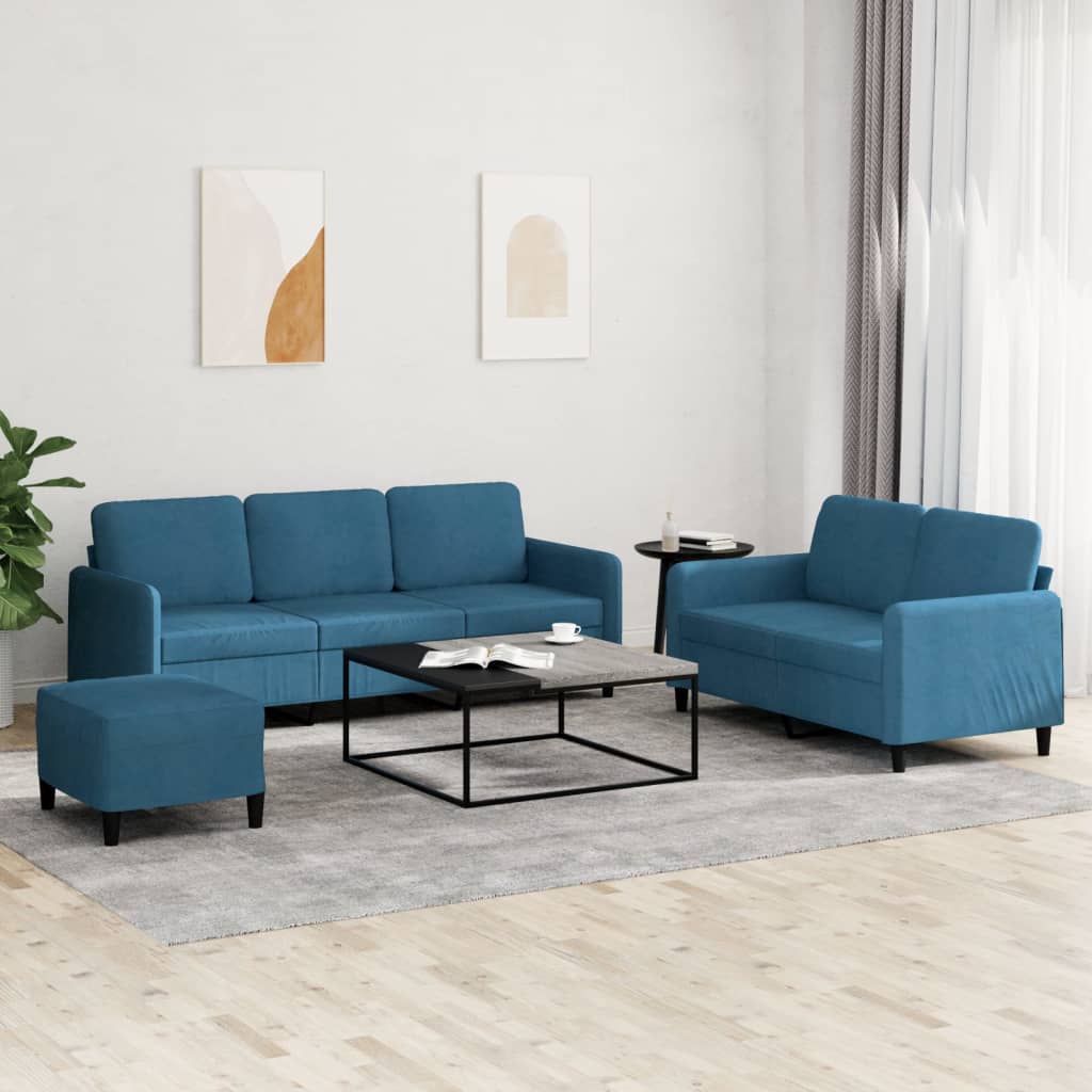 vidaXL Set de canapele, 3 piese, albastru, catifea vidaXL Set de canapele, 3 piese, albastru, catifea