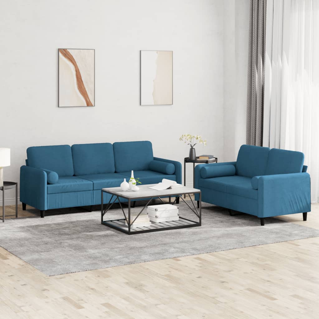 vidaXL Set de canapele cu perne, 2 piese, albastru, catifea vidaXL Set de canapele cu perne, 2 piese, albastru, catifea