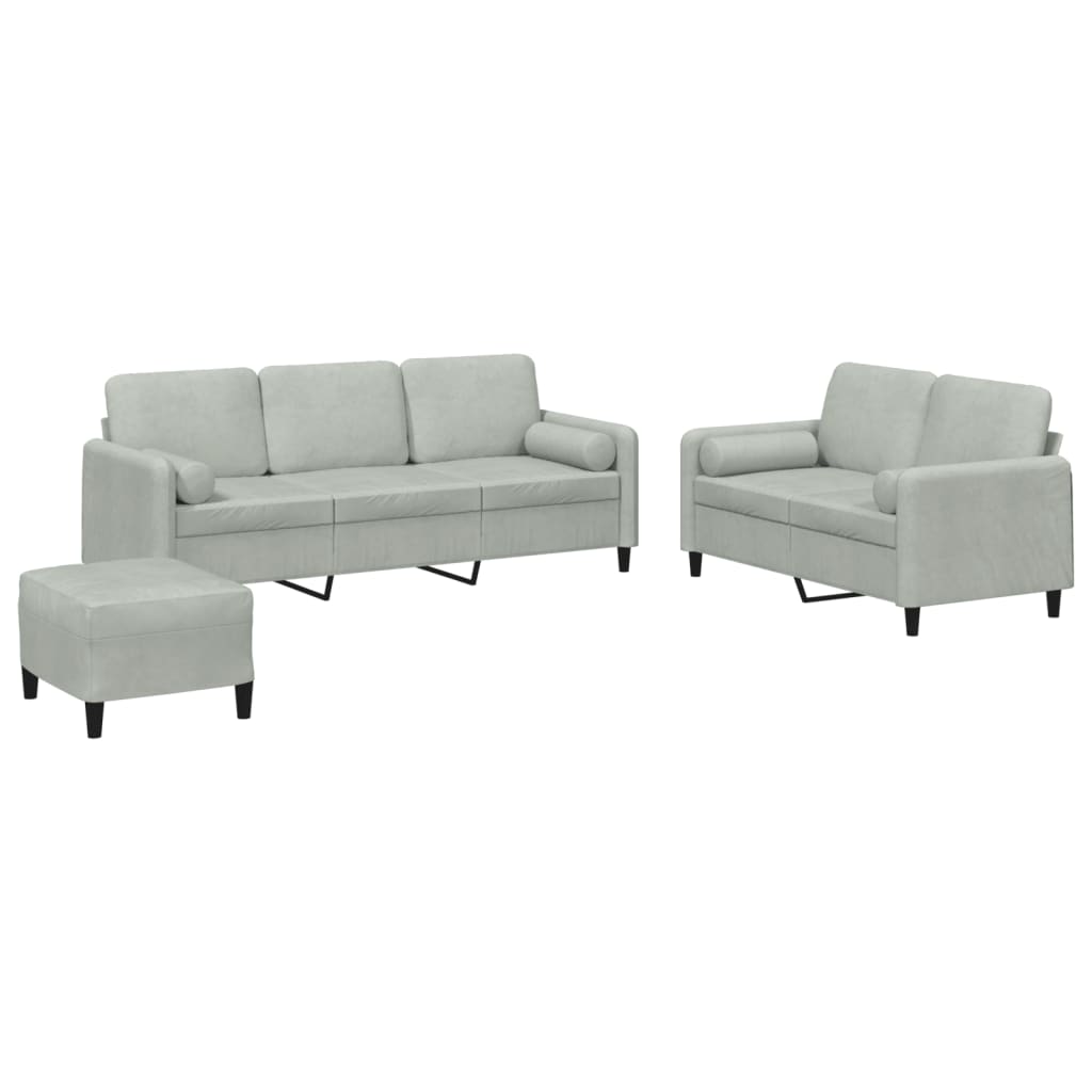 vidaXL Set de canapele, 3 piese, cu perne, gri deschis, catifea vidaXL Set de canapele, 3 piese, cu perne, gri deschis, catifea