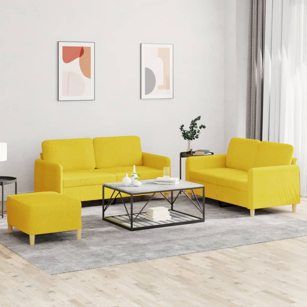 vidaXL Set de canapele cu perne, 3 piese, galben deschis, textil vidaXL Set de canapele cu perne, 3 piese, galben deschis, textil