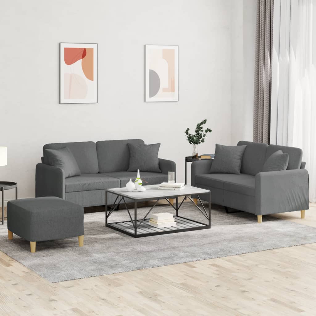 vidaXL Set de canapele cu perne, 3 piese, gri închis, textil vidaXL Set de canapele cu perne, 3 piese, gri închis, textil