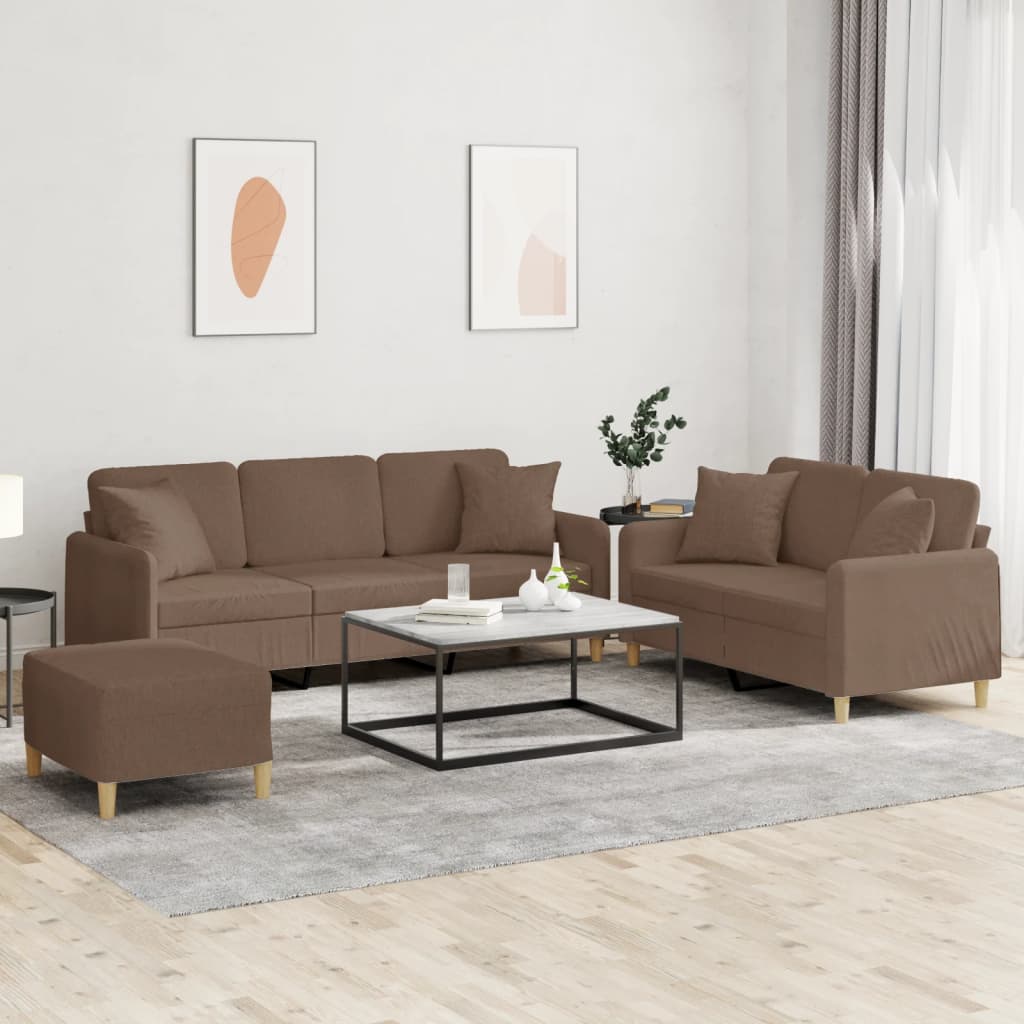 vidaXL Set de canapele cu perne, 3 piese, maro, textil vidaXL Set de canapele cu perne, 3 piese, maro, textil