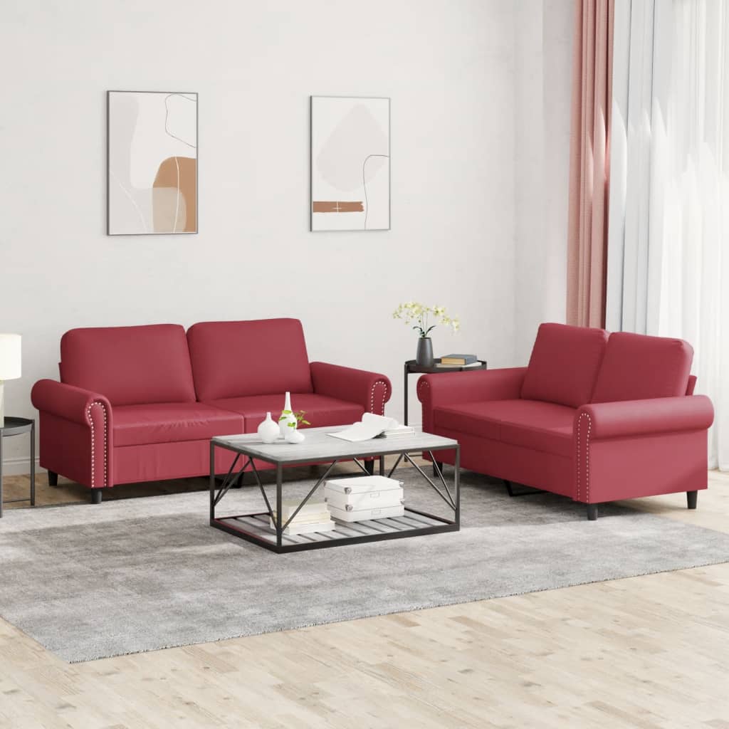 vidaXL Set de canapele cu perne, 2 piese, roșu vin, piele ecologică vidaXL Set de canapele cu perne, 2 piese, roșu vin, piele ecologică