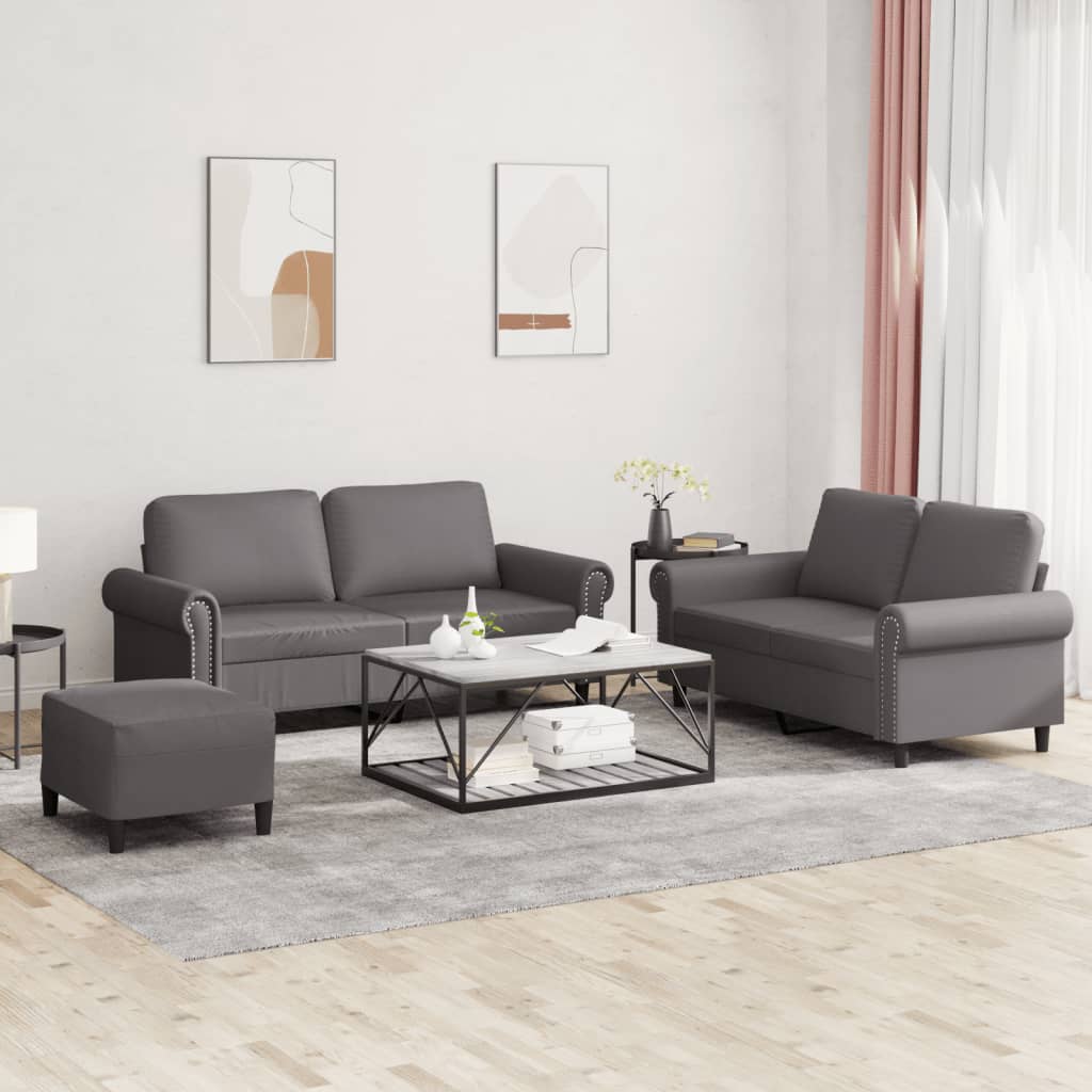 vidaXL Set de canapele cu perne, 3 piese, gri, piele ecologică vidaXL Set de canapele cu perne, 3 piese, gri, piele ecologică