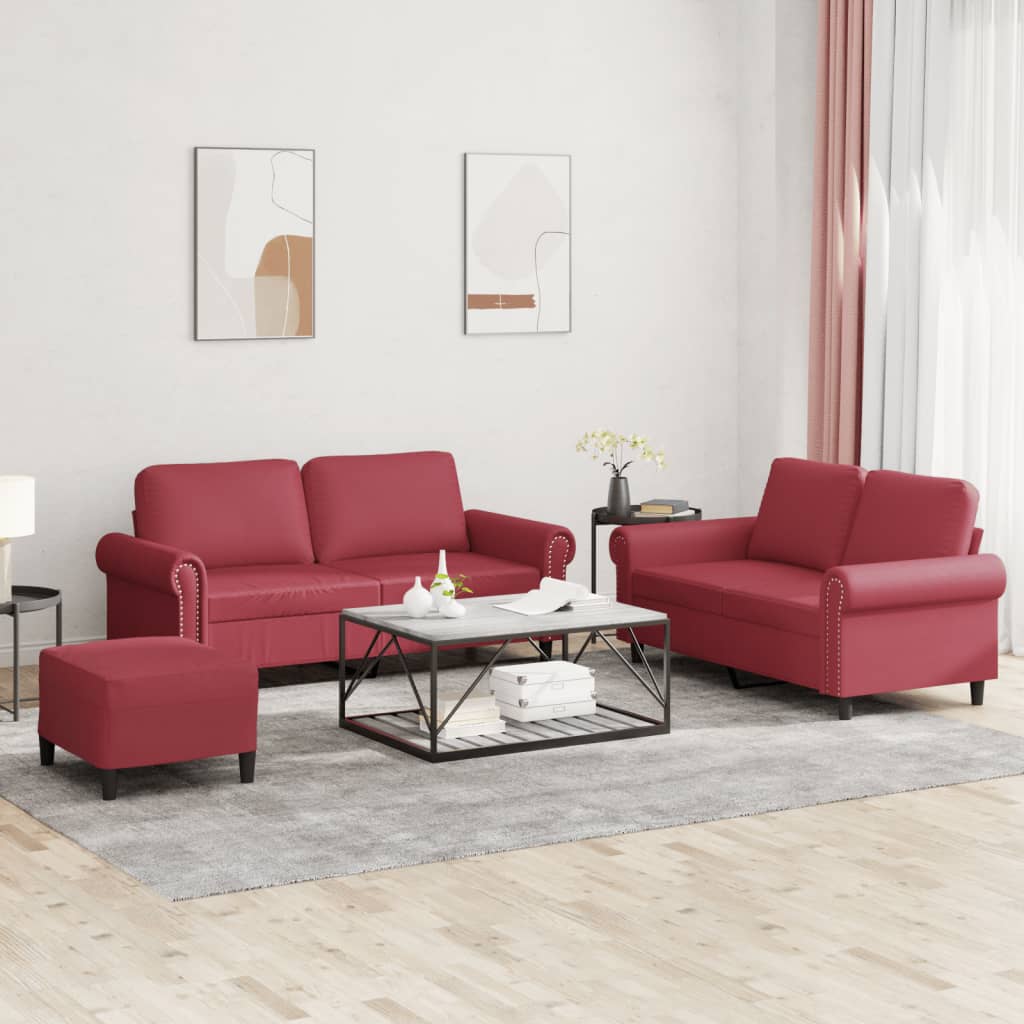 vidaXL Set de canapele cu perne, 3 piese, roșu vin, piele ecologică vidaXL Set de canapele cu perne, 3 piese, roșu vin, piele ecologică