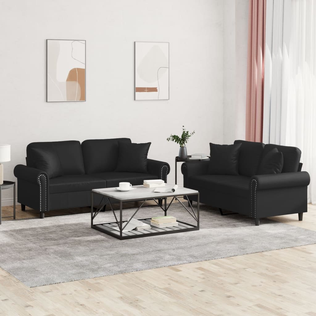 vidaXL Set de canapele cu perne, 2 piese, negru, piele ecologică vidaXL Set de canapele cu perne, 2 piese, negru, piele ecologică