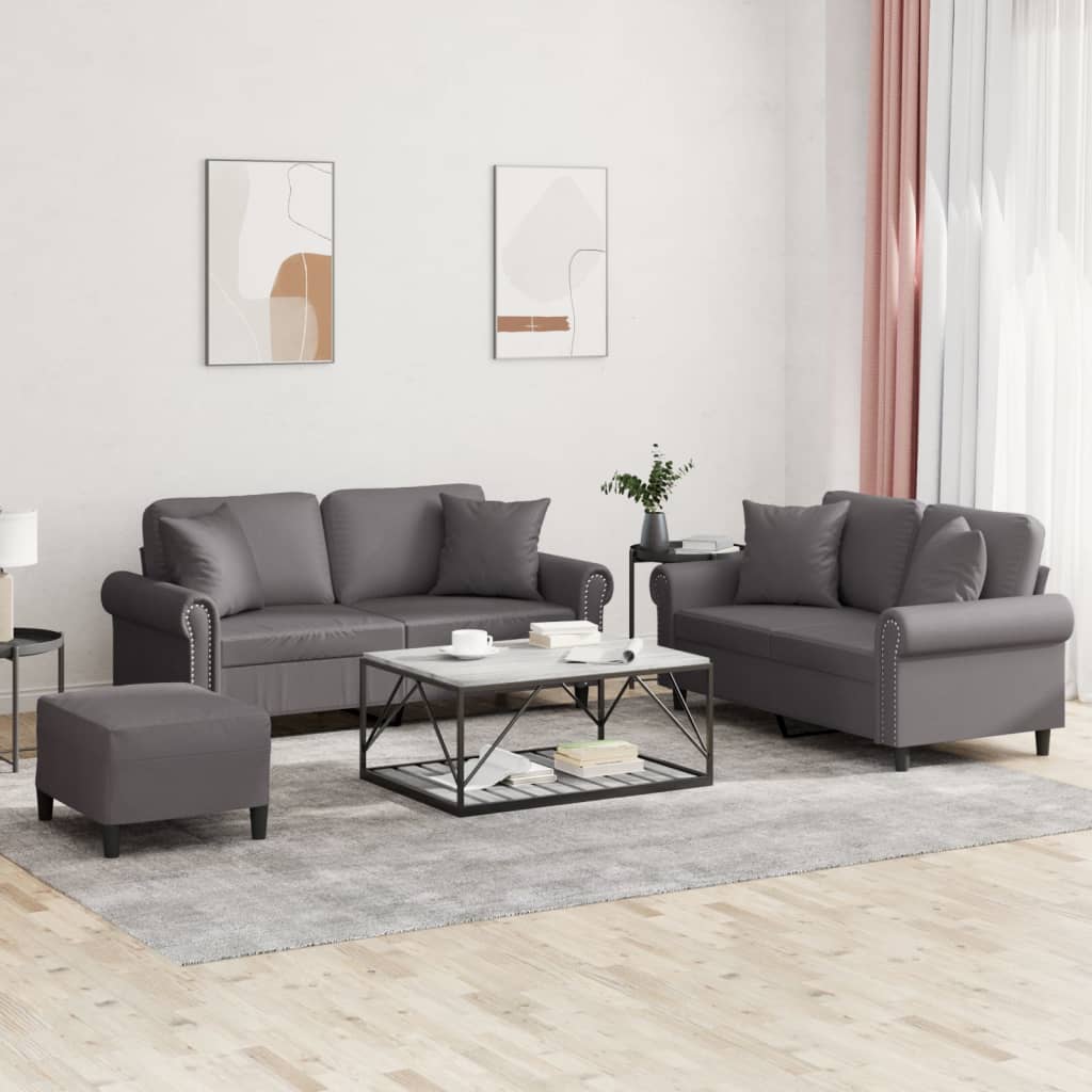 vidaXL Set de canapele cu perne, 3 piese, gri, piele ecologică vidaXL Set de canapele cu perne, 3 piese, gri, piele ecologică