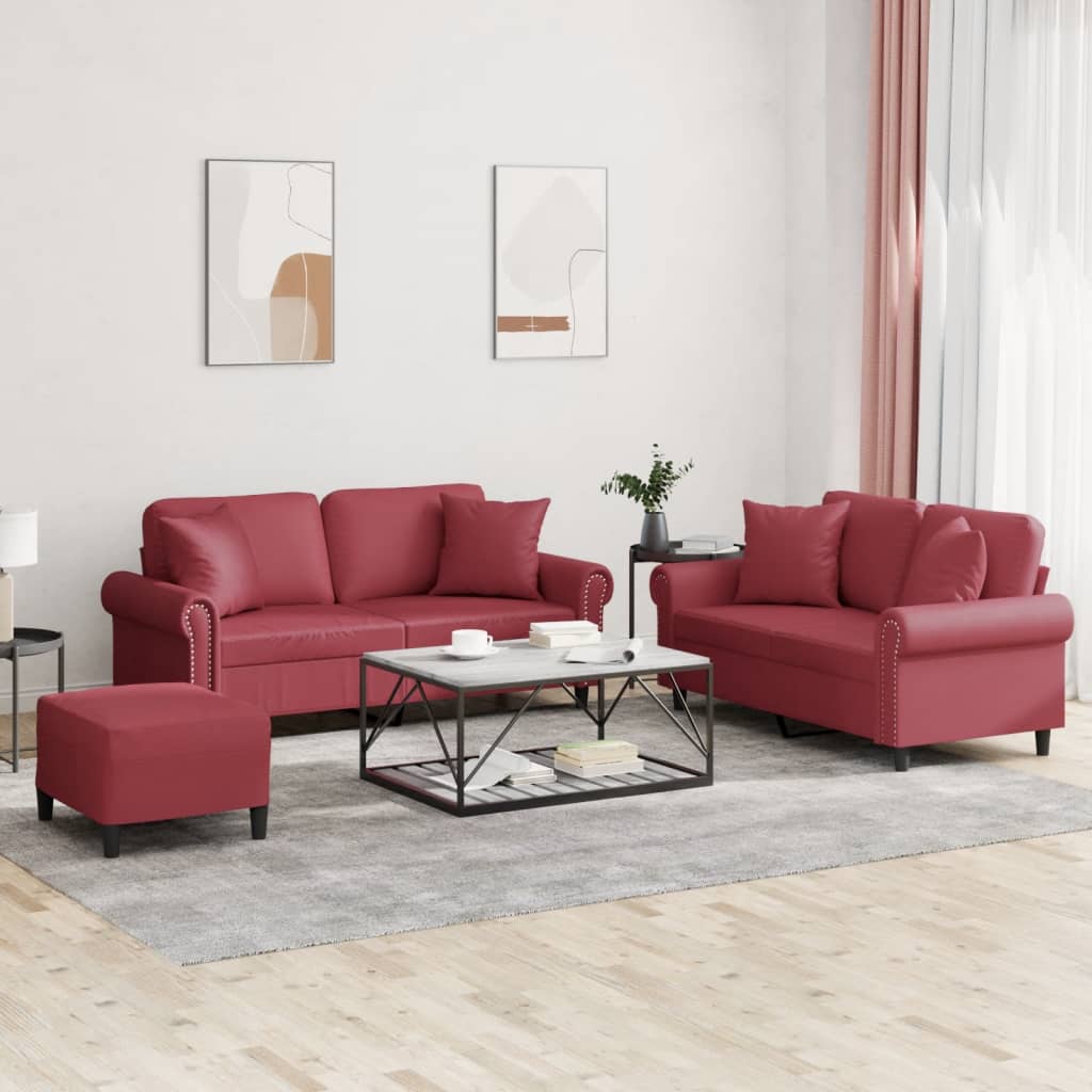 vidaXL Set de canapele cu perne, 2 piese, roșu vin, piele ecologică vidaXL Set de canapele cu perne, 2 piese, roșu vin, piele ecologică