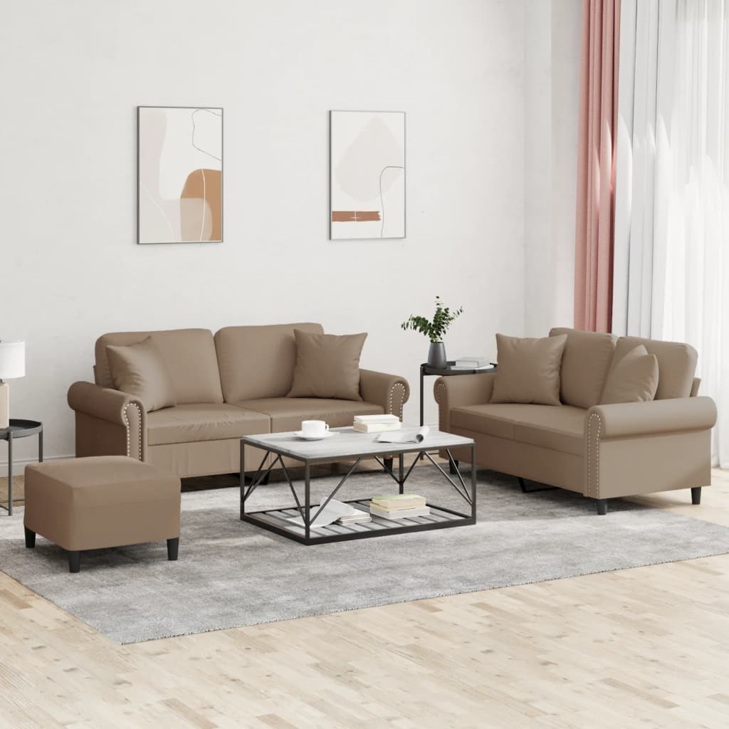vidaXL Set de canapele cu perne, 3 piese, cappuccino, piele ecologică vidaXL Set de canapele cu perne, 3 piese, cappuccino, piele ecologică