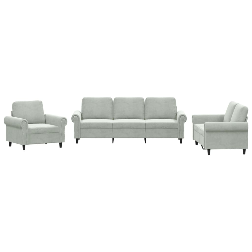 vidaXL Set de canapele cu perne, 3 piese, gri deschis, catifea vidaXL Set de canapele cu perne, 3 piese, gri deschis, catifea