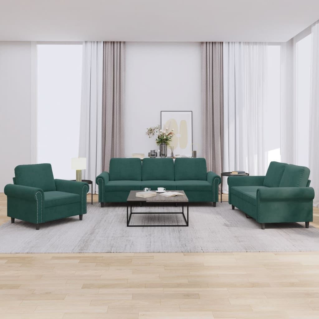 vidaXL Set de canapele cu perne, 3 piese, verde închis, catifea vidaXL Set de canapele cu perne, 3 piese, verde închis, catifea