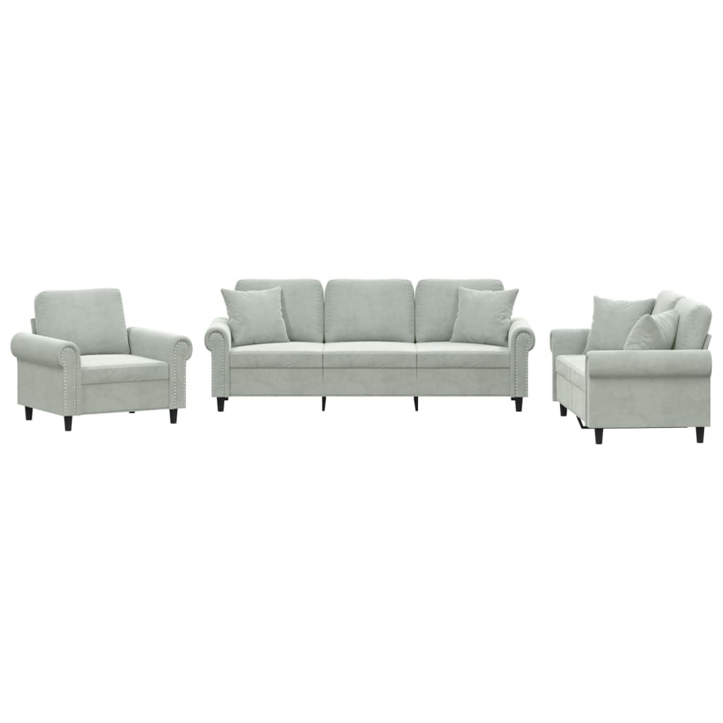 vidaXL Set de canapele, 3 piese, cu perne, gri deschis, catifea vidaXL Set de canapele, 3 piese, cu perne, gri deschis, catifea