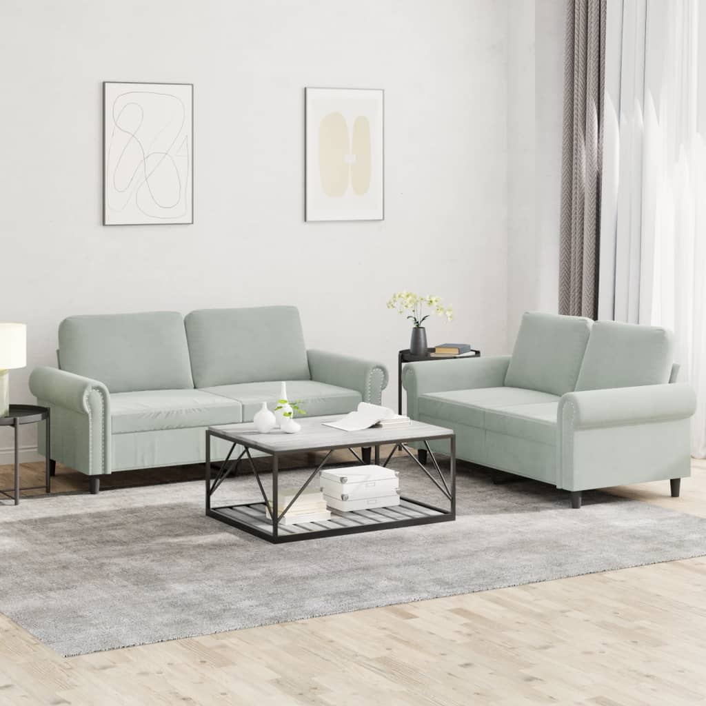 vidaXL Set de canapele cu perne, 2 piese, gri deschis, catifea vidaXL Set de canapele cu perne, 2 piese, gri deschis, catifea