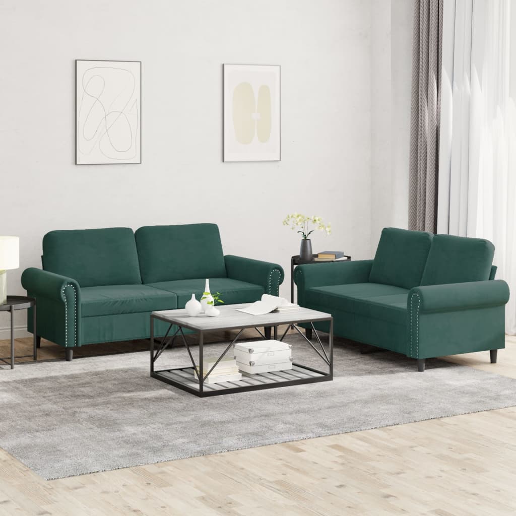 vidaXL Set de canapele cu perne, 2 piese, verde închis, catifea vidaXL Set de canapele cu perne, 2 piese, verde închis, catifea