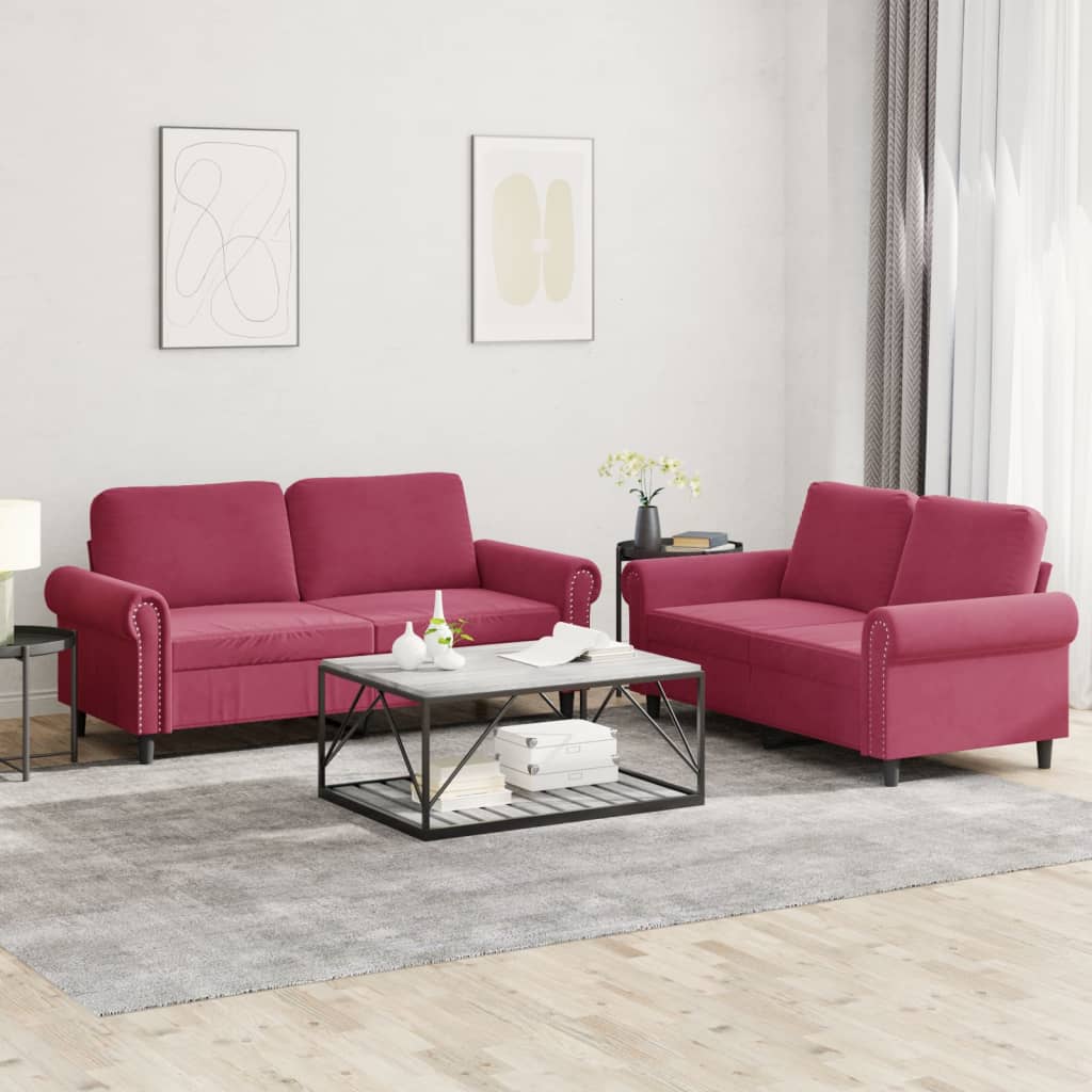 vidaXL Set canapele cu perne, 2 piese, roșu vin, catifea vidaXL Set canapele cu perne, 2 piese, roșu vin, catifea