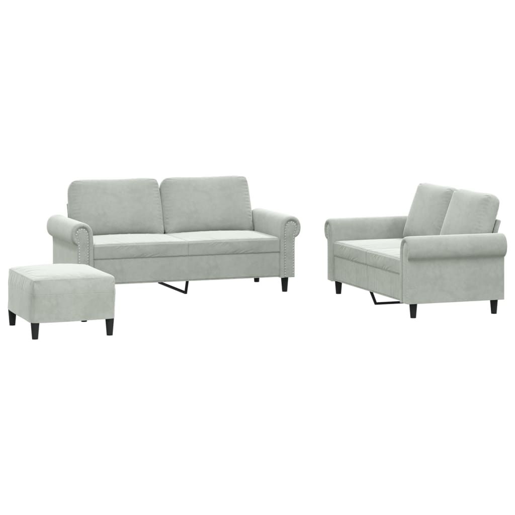 vidaXL Set de canapele cu perne, 3 piese, gri deschis, catifea vidaXL Set de canapele cu perne, 3 piese, gri deschis, catifea