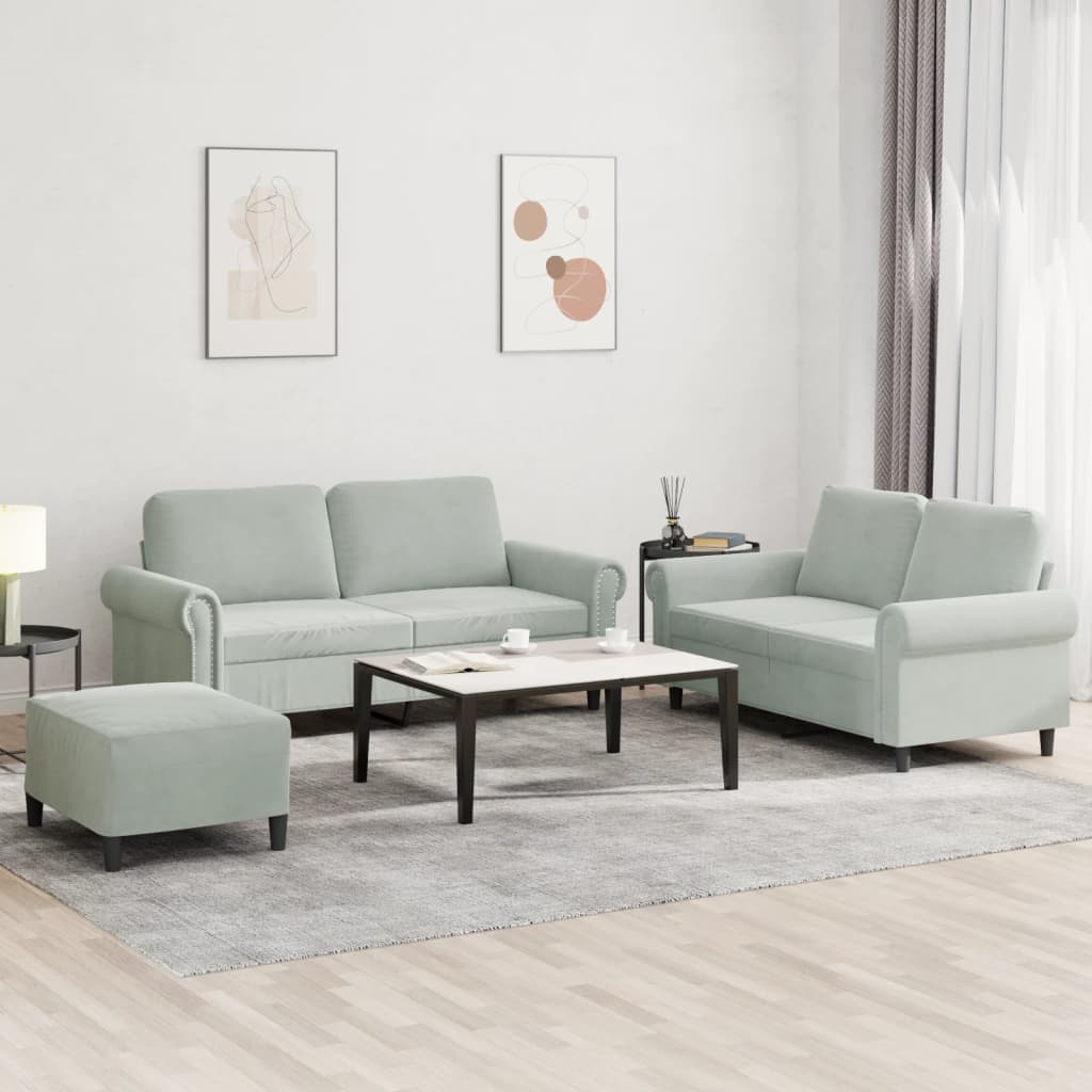 vidaXL Set de canapele cu perne, 3 piese, gri deschis, catifea vidaXL Set de canapele cu perne, 3 piese, gri deschis, catifea