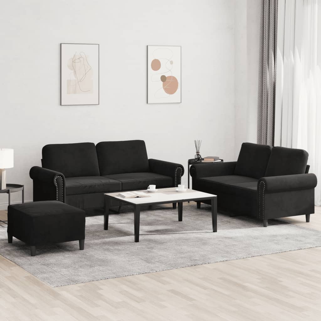 vidaXL Set de canapele cu perne, 3 piese, negru, catifea vidaXL Set de canapele cu perne, 3 piese, negru, catifea
