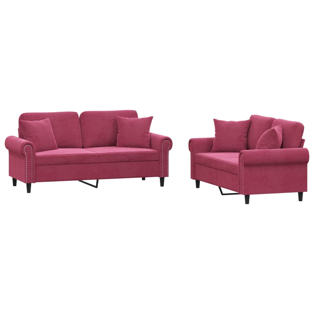 vidaXL Set canapele cu perne, 2 piese, roșu vin, catifea vidaXL Set canapele cu perne, 2 piese, roșu vin, catifea