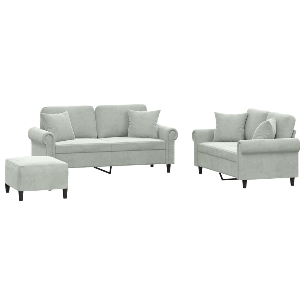 vidaXL Set de canapele, 3 piese, cu perne, gri deschis, catifea vidaXL Set de canapele, 3 piese, cu perne, gri deschis, catifea