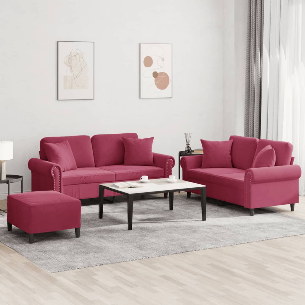 vidaXL Set canapele cu perne, 3 piese, roșu vin, catifea