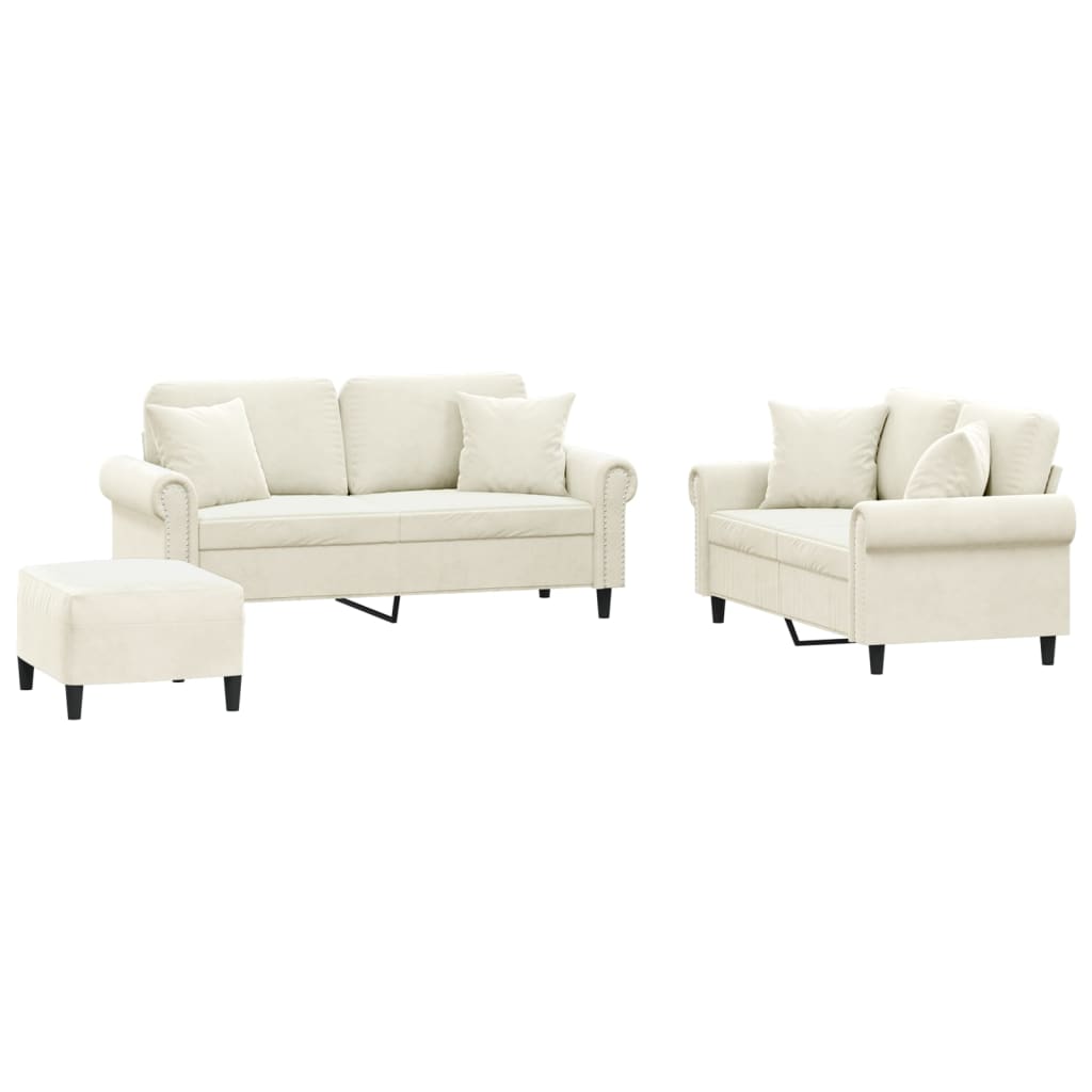 vidaXL Set de canapele cu perne, 3 piese, crem, catifea