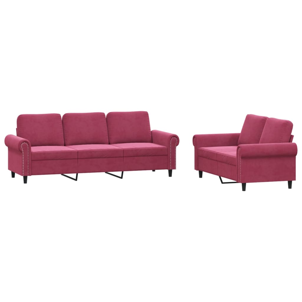 vidaXL Set canapele cu perne, 2 piese, roșu vin, catifea vidaXL Set canapele cu perne, 2 piese, roșu vin, catifea