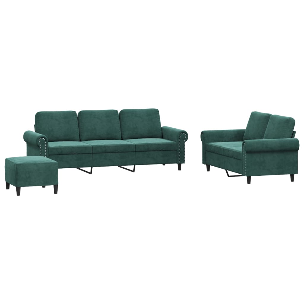 vidaXL Set de canapele cu perne, 3 piese, verde închis, catifea vidaXL Set de canapele cu perne, 3 piese, verde închis, catifea