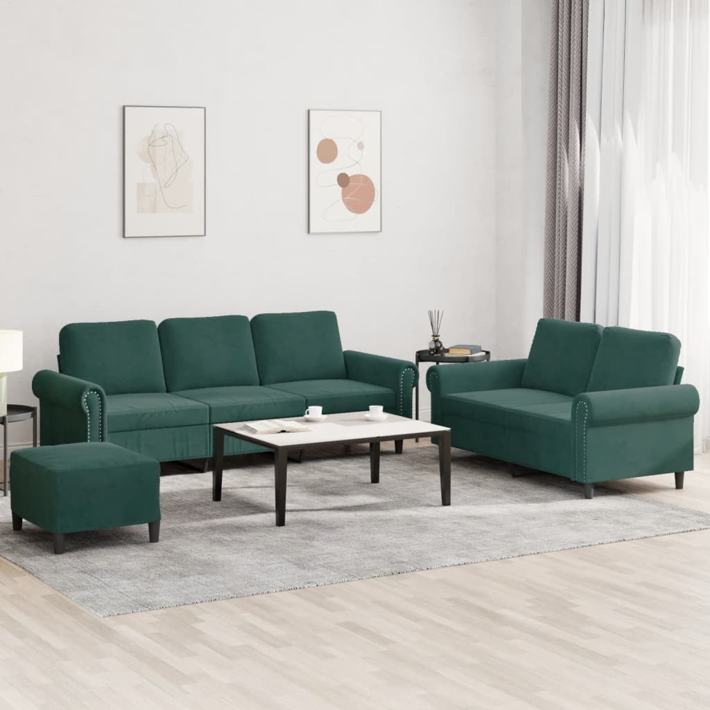 vidaXL Set de canapele cu perne, 3 piese, verde închis, catifea vidaXL Set de canapele cu perne, 3 piese, verde închis, catifea