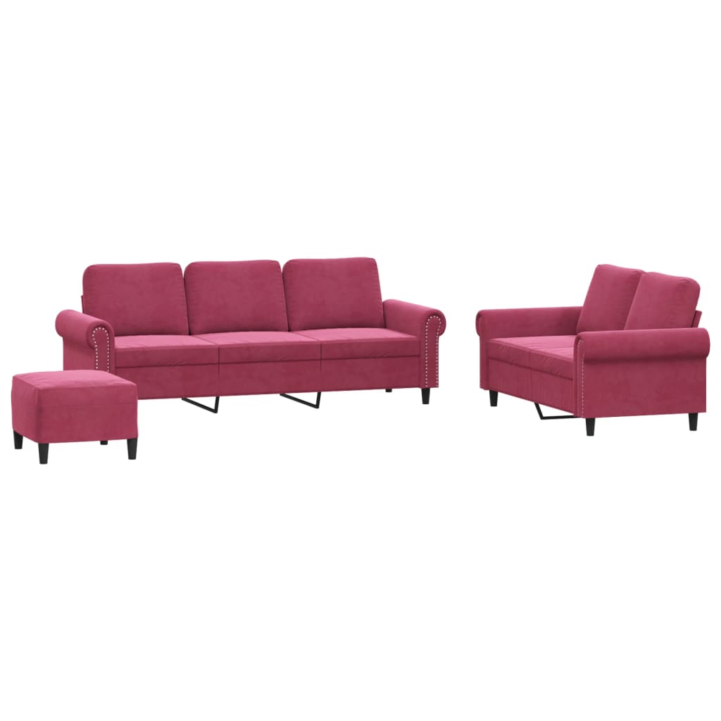 vidaXL Set canapea cu perne, 3 piese, roșu vin, catifea
