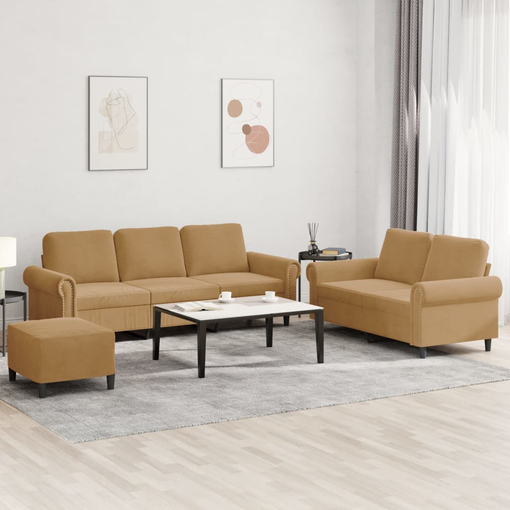 vidaXL Set de canapele cu perne, 3 piese, maro, catifea vidaXL Set de canapele cu perne, 3 piese, maro, catifea