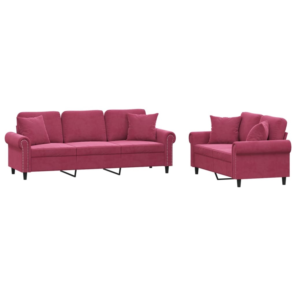 vidaXL Set canapele cu perne, 2 piese, roșu vin, catifea vidaXL Set canapele cu perne, 2 piese, roșu vin, catifea