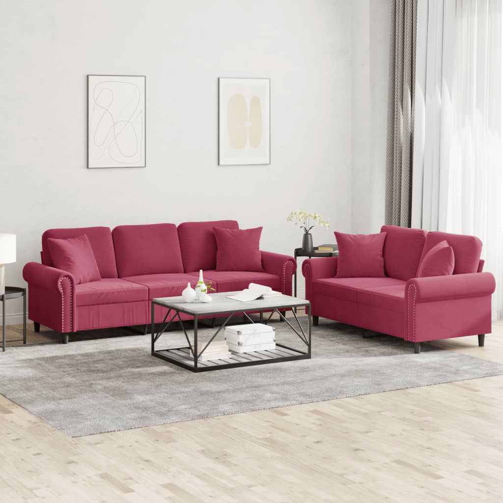 vidaXL Set canapele cu perne, 2 piese, roșu vin, catifea vidaXL Set canapele cu perne, 2 piese, roșu vin, catifea