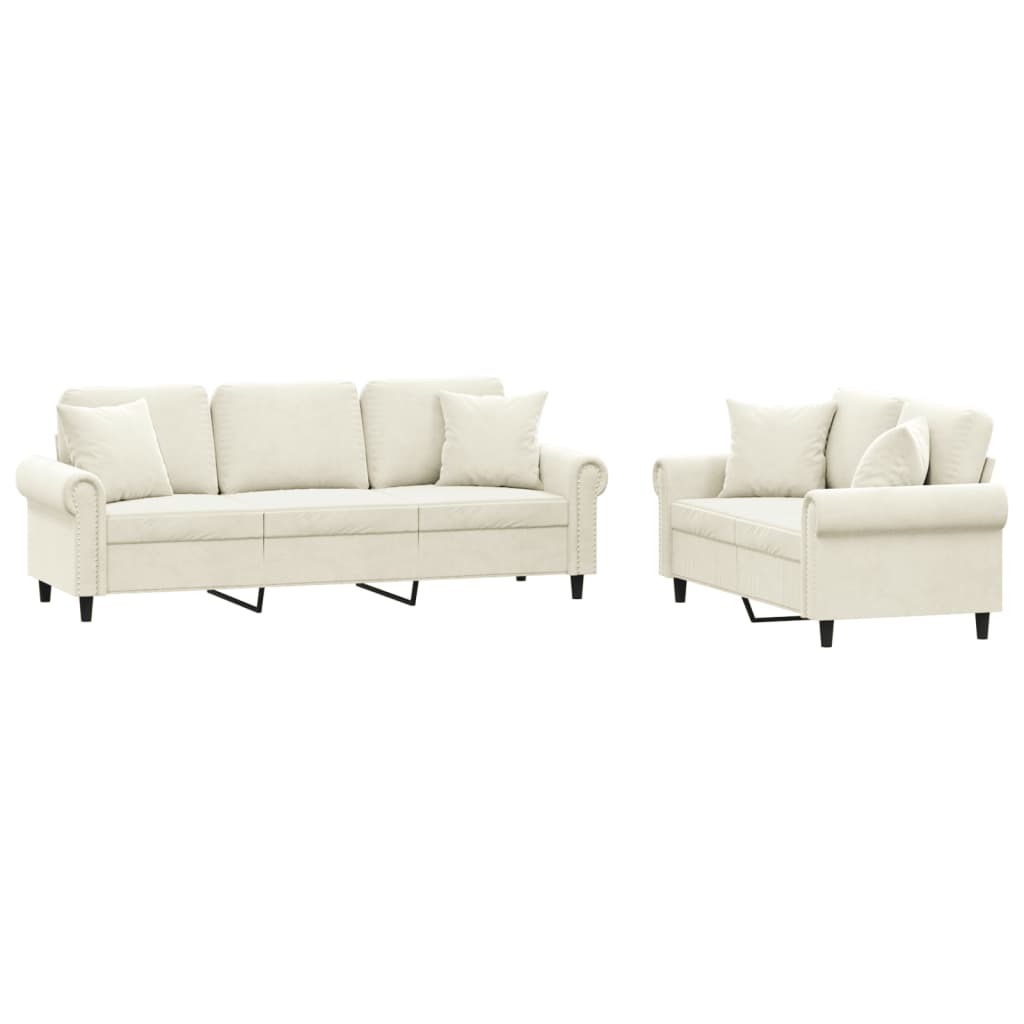 vidaXL Set de canapele cu perne, 2 piese, crem, catifea