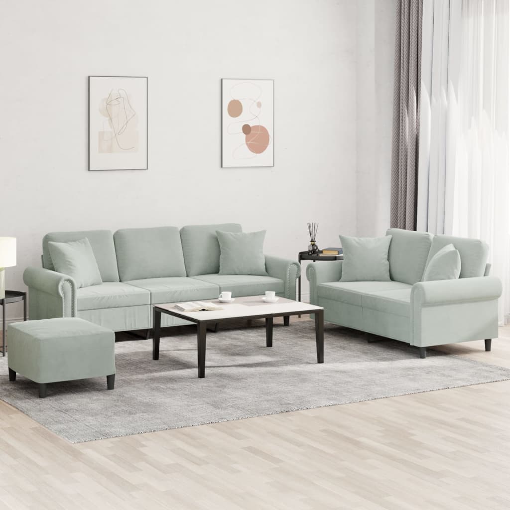 vidaXL Set de canapele, 3 piese, cu perne, gri deschis, catifea vidaXL Set de canapele, 3 piese, cu perne, gri deschis, catifea