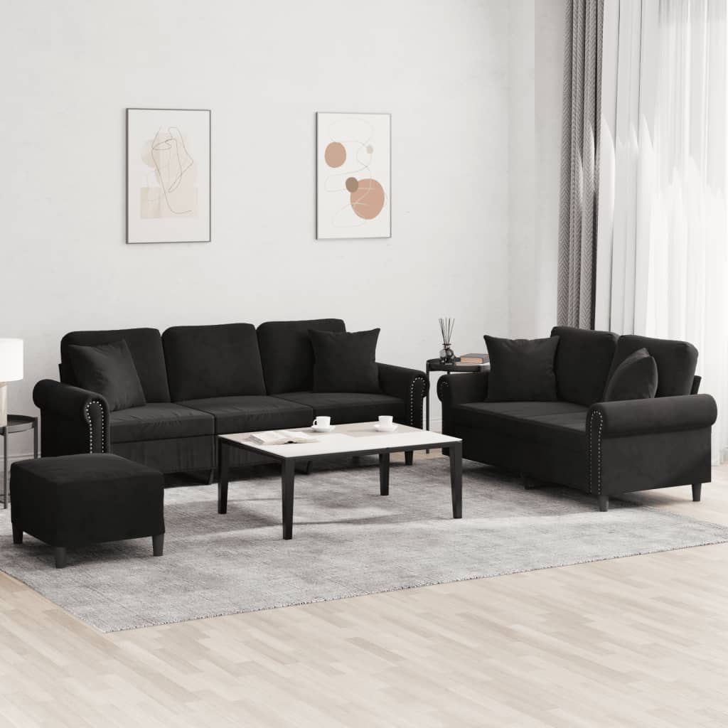 vidaXL Set de canapele cu perne, 3 piese, negru, catifea vidaXL Set de canapele cu perne, 3 piese, negru, catifea