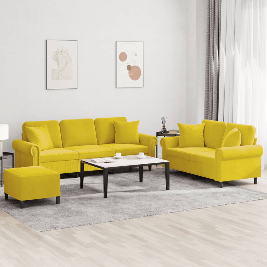 vidaXL Set de canapele cu perne, 3 piese, galben, catifea vidaXL Set de canapele cu perne, 3 piese, galben, catifea