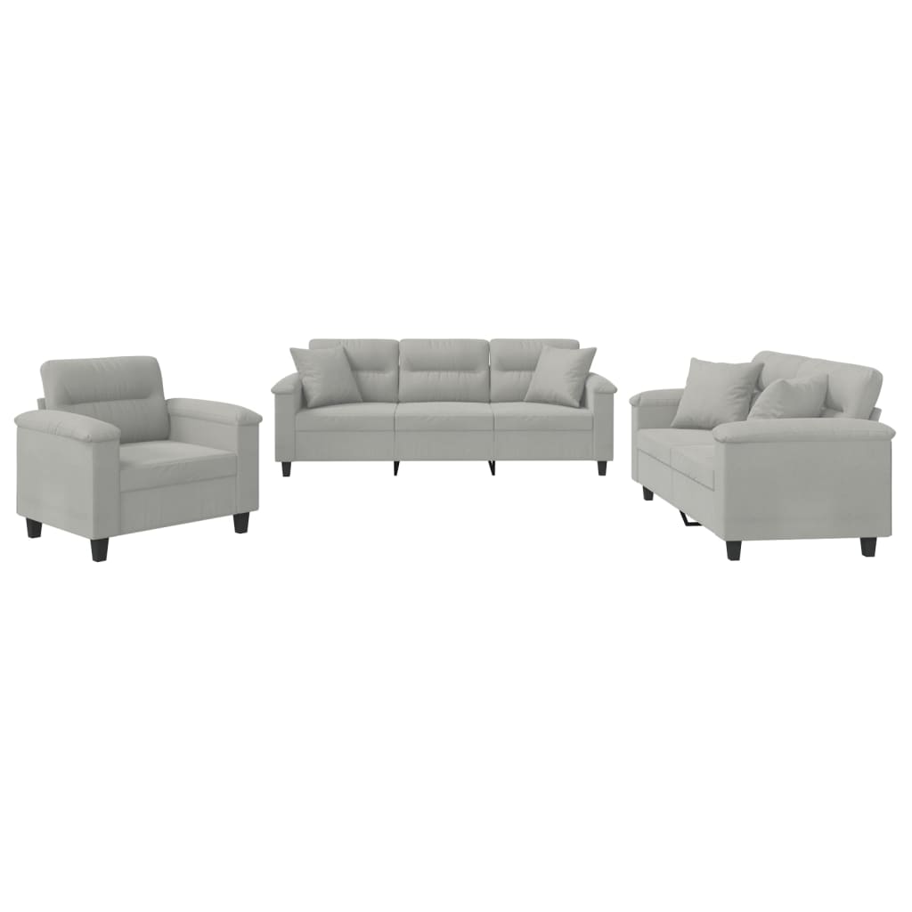 vidaXL Set de canapele cu perne, 3 piese, gri deschis, microfibră vidaXL Set de canapele cu perne, 3 piese, gri deschis, microfibră