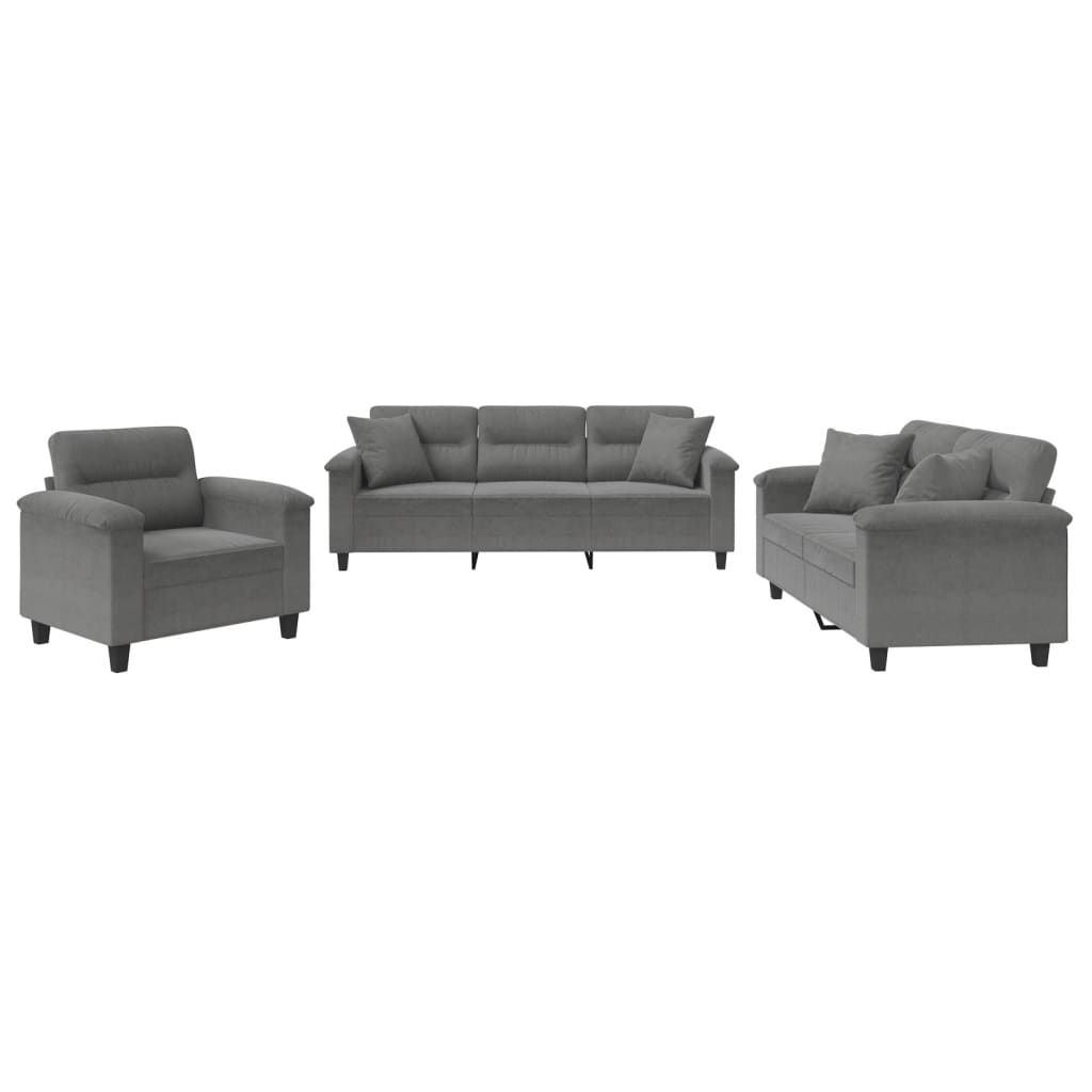 vidaXL Set de canapele cu perne, 3 piese, gri închis, microfibră