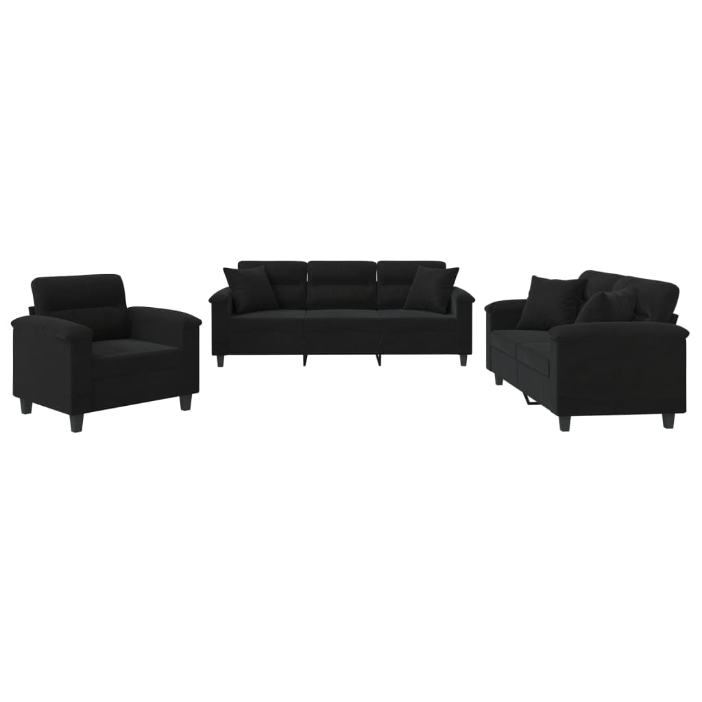 vidaXL Set de canapele cu perne, 3 piese, negru, microfibră vidaXL Set de canapele cu perne, 3 piese, negru, microfibră