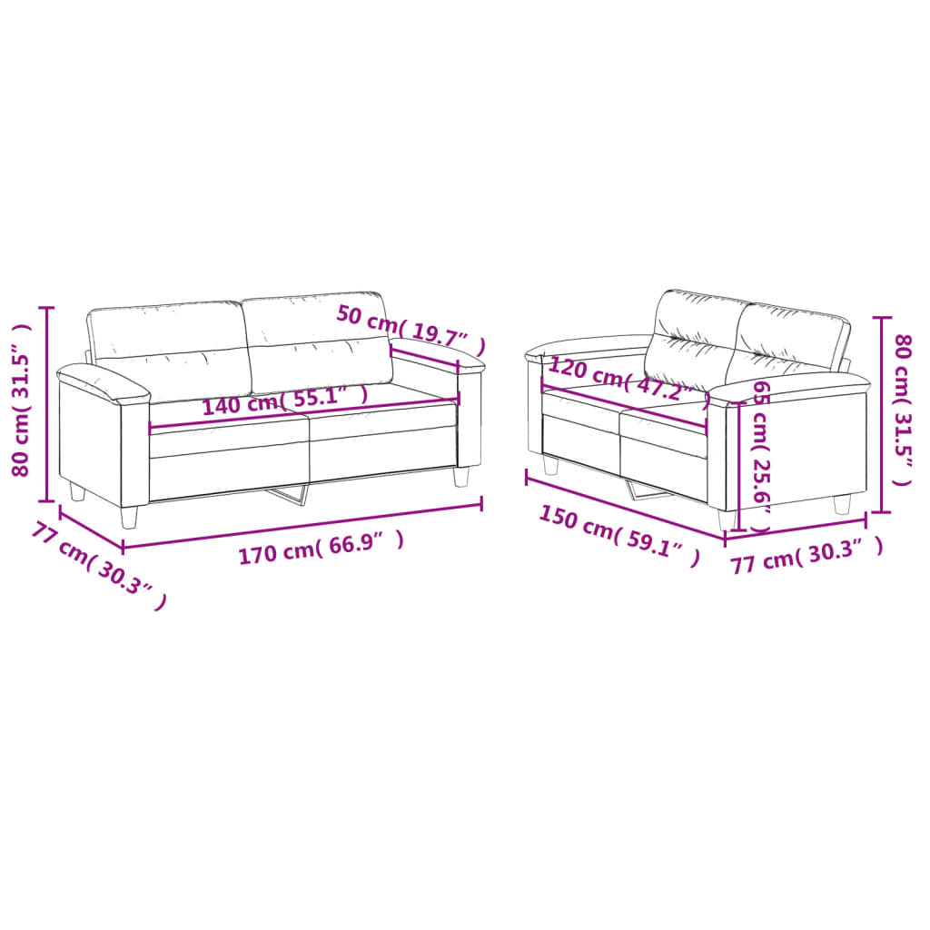 vidaXL Set de canapele cu perne, 2 piese, negru, microfibră