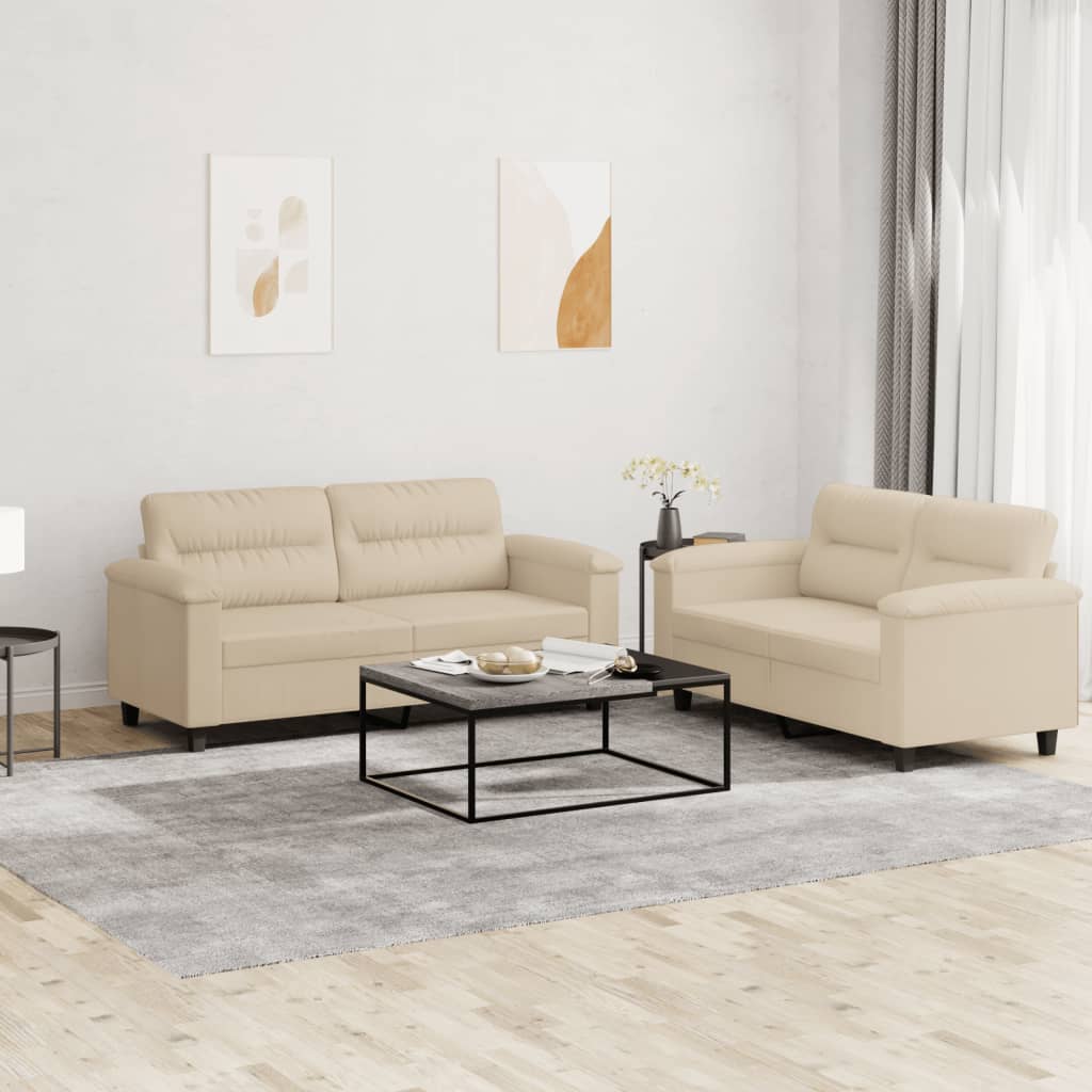 vidaXL Set de canapele cu perne, 2 piese, crem, microfibră vidaXL Set de canapele cu perne, 2 piese, crem, microfibră