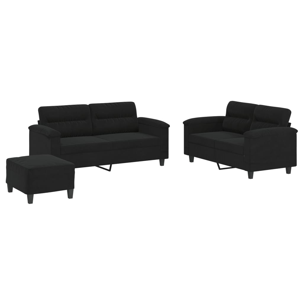 vidaXL Set de canapele cu perne, 3 piese, negru, microfibră vidaXL Set de canapele cu perne, 3 piese, negru, microfibră