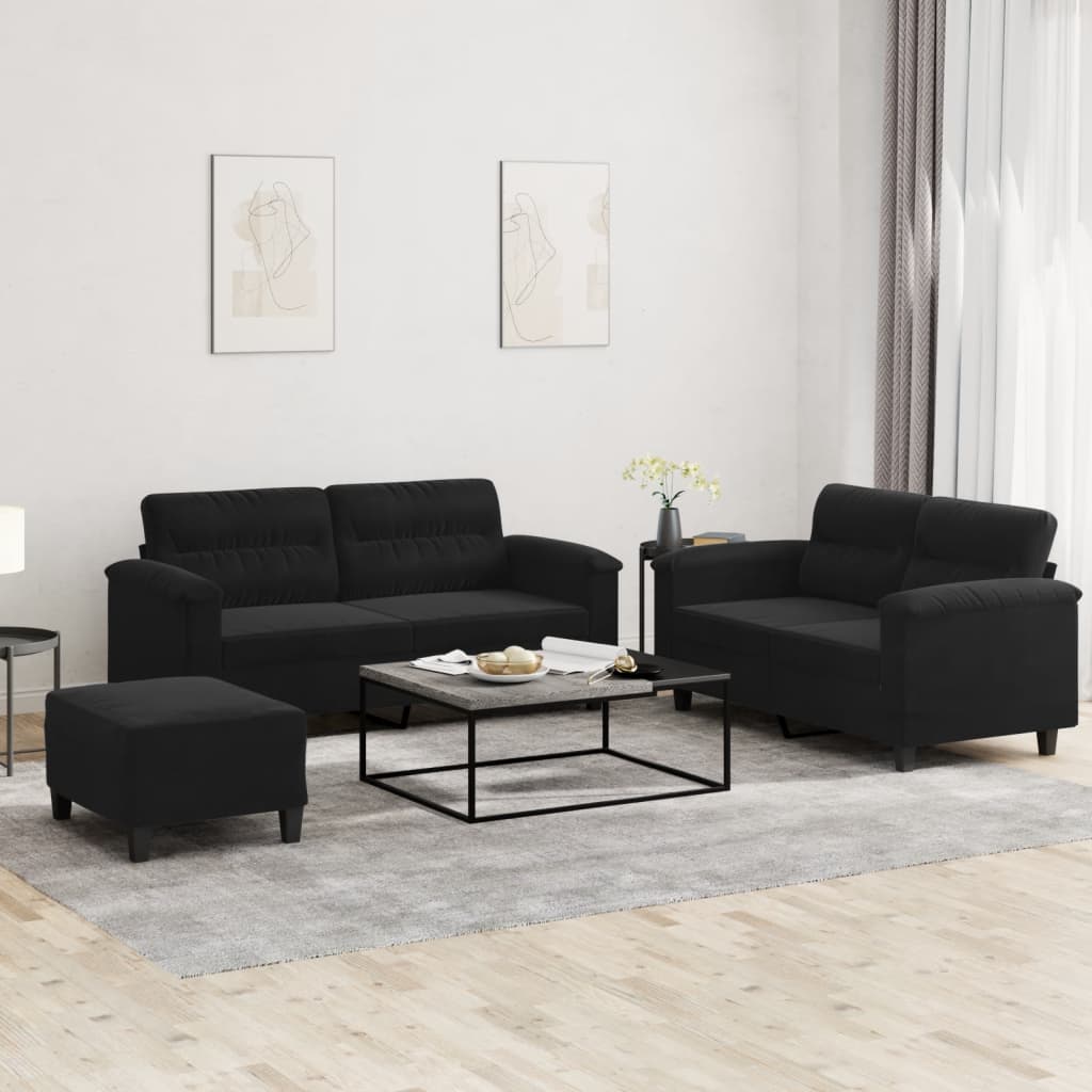 vidaXL Set de canapele cu perne, 3 piese, negru, microfibră vidaXL Set de canapele cu perne, 3 piese, negru, microfibră