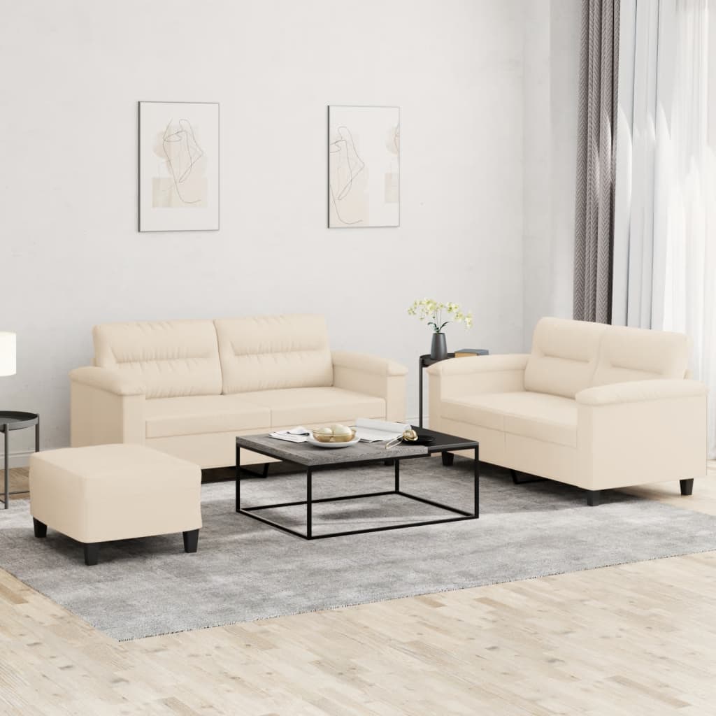 vidaXL Set de canapele cu perne, 3 piese, bej, microfibră vidaXL Set de canapele cu perne, 3 piese, bej, microfibră