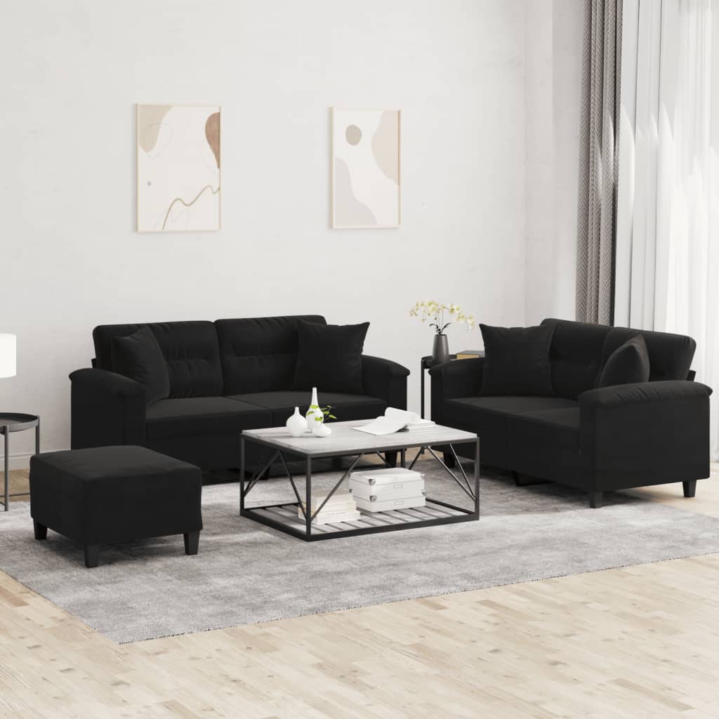 vidaXL Set de canapele cu perne, 3 piese, negru, microfibră vidaXL Set de canapele cu perne, 3 piese, negru, microfibră